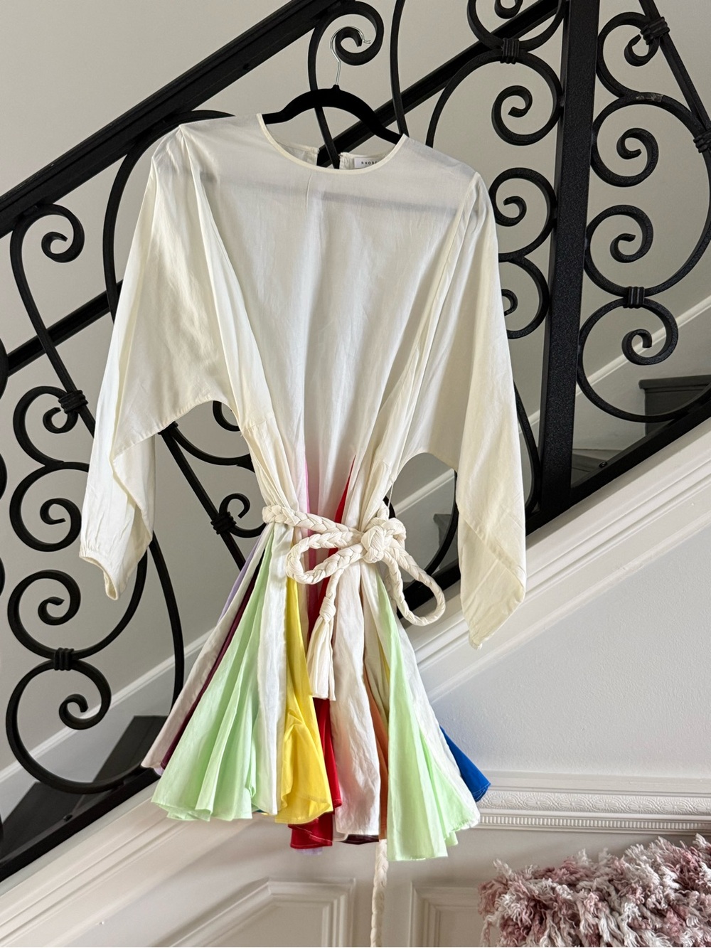 RHODE Cream Long Sleeve Dress with Multicolor Pleated Skirt